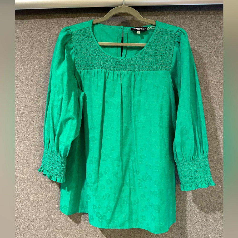 NWOT Karl Lagerfeld green smocked blouse, L